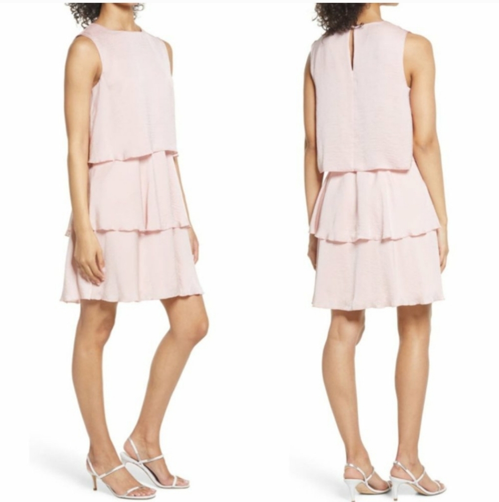 Sam Edelman Pink Sleeveless Tiered Ruffle Satin Dress Womens Size 14 Blush Pink